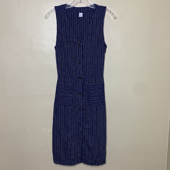 OLD NAVY Dress Blue LINEN Rayon Striped Button Front Sleeves Patch Pockets XS - Picture 1 of 9